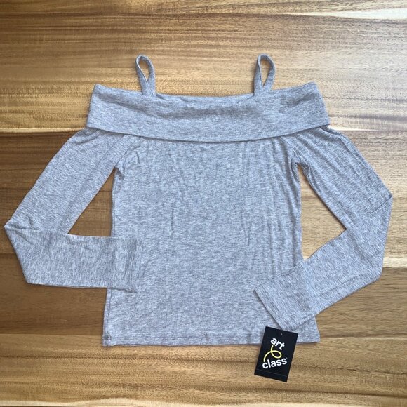 Art Class Juniors Off-The-Shoulder Grey Long Sleeve Ribbed Top With Straps Large - Picture 12 of 13